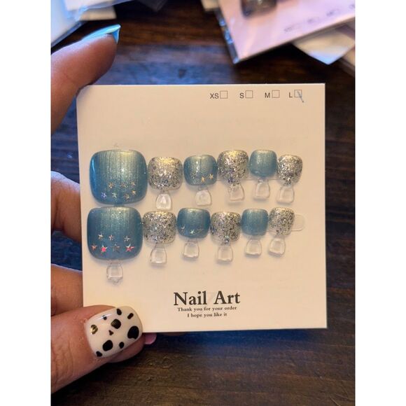 Other - Blue & Silver Glitter Press On Toe Nails Size Large